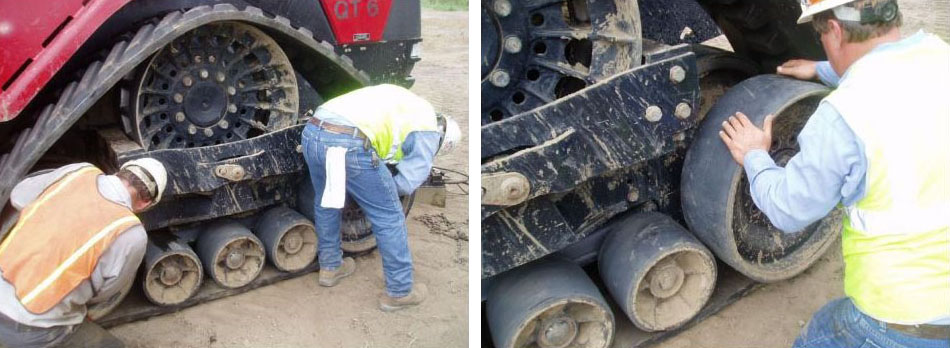 9300 Series, Quadtrac, Combine Undercarriage Inspection - Installing Your New Rubber Tracks - Working the Track Over the Idlers - Reinstalling Idler Wheels